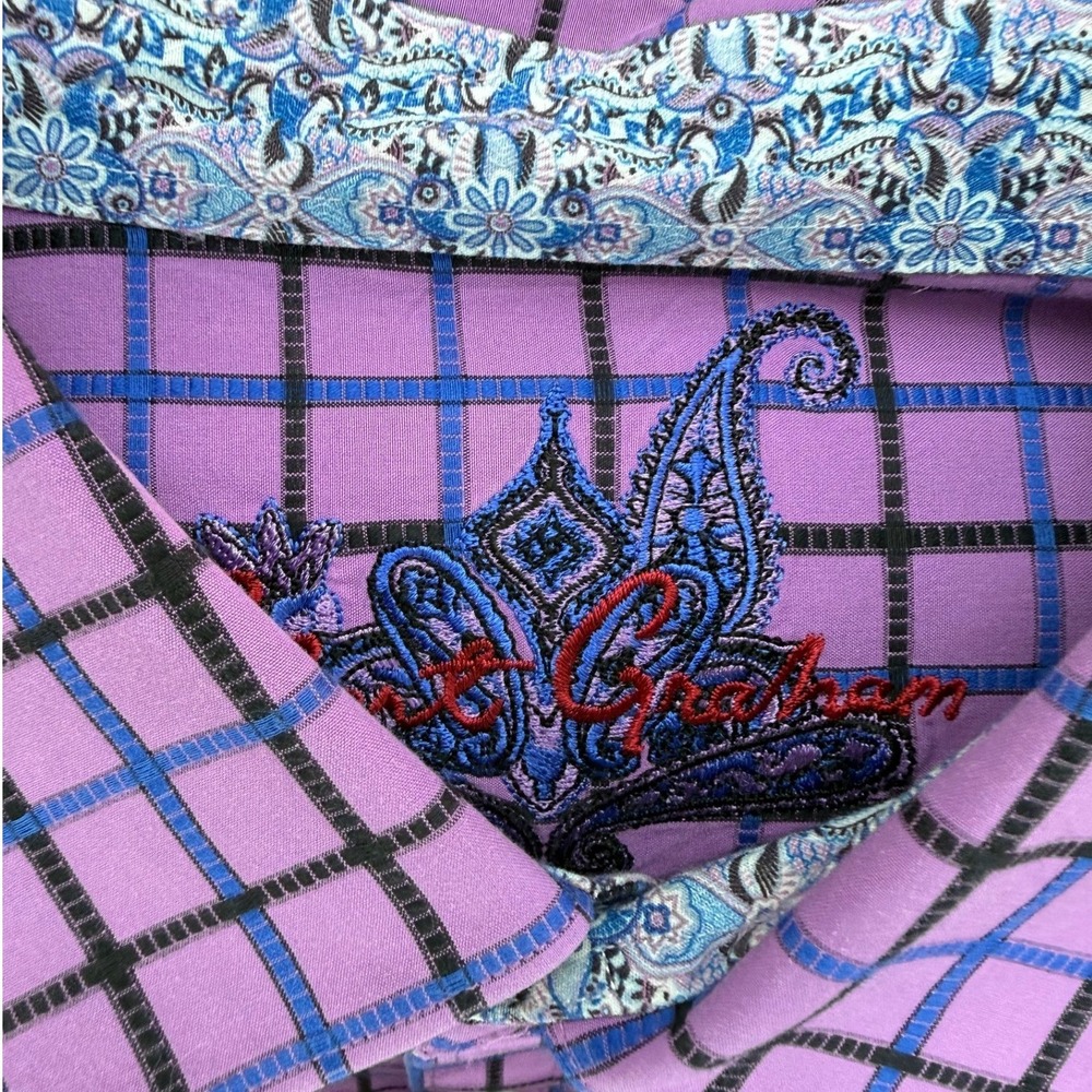 Robert Graham 3XL Purple Grid Check Paisley Trim Button Down Shirt Classic Fit - Picture 4 of 9